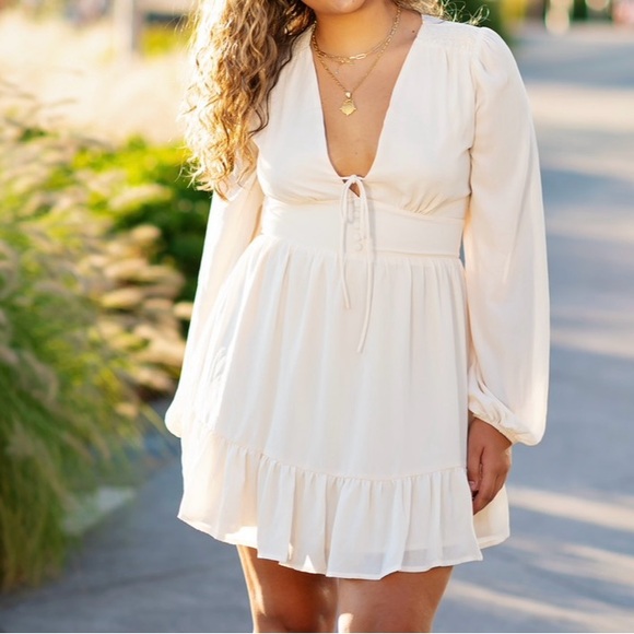 Lulus Cream Long Sleeve Mini Skater Dress - Picture 1 of 5